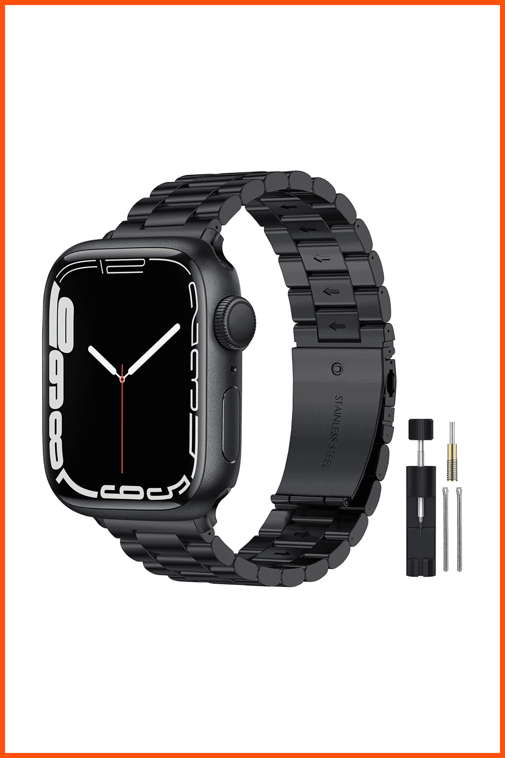 Apple Watch with black band.