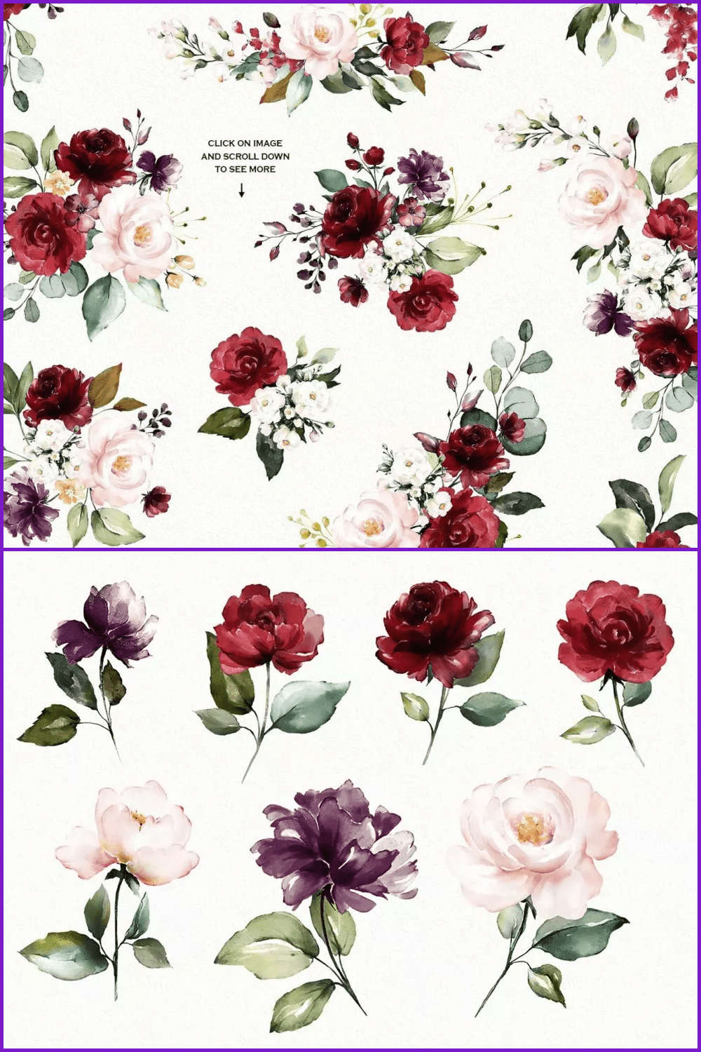 Collage with hand-painted watercolor rose flower clipart.