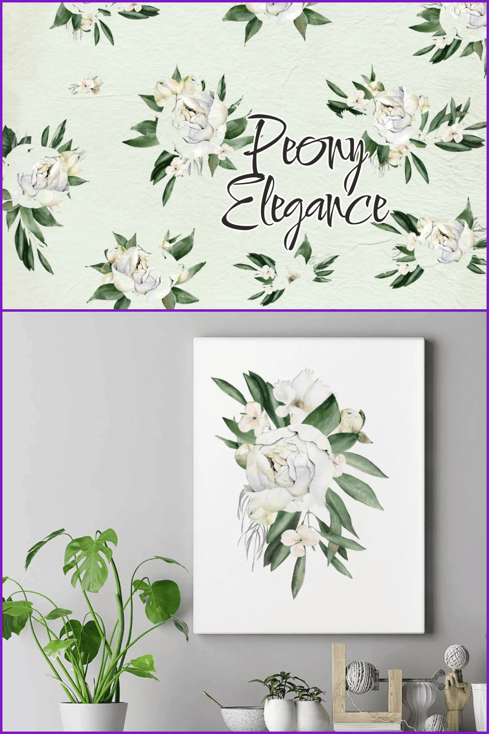 White peony with green leafes on the painting.