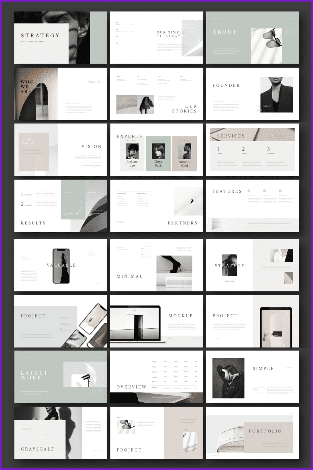 Collage with elegant and minimalistic template slides.