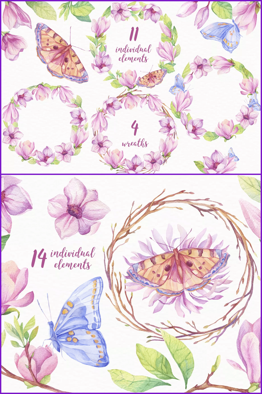 Butterflies and summer flowers in pink colors.