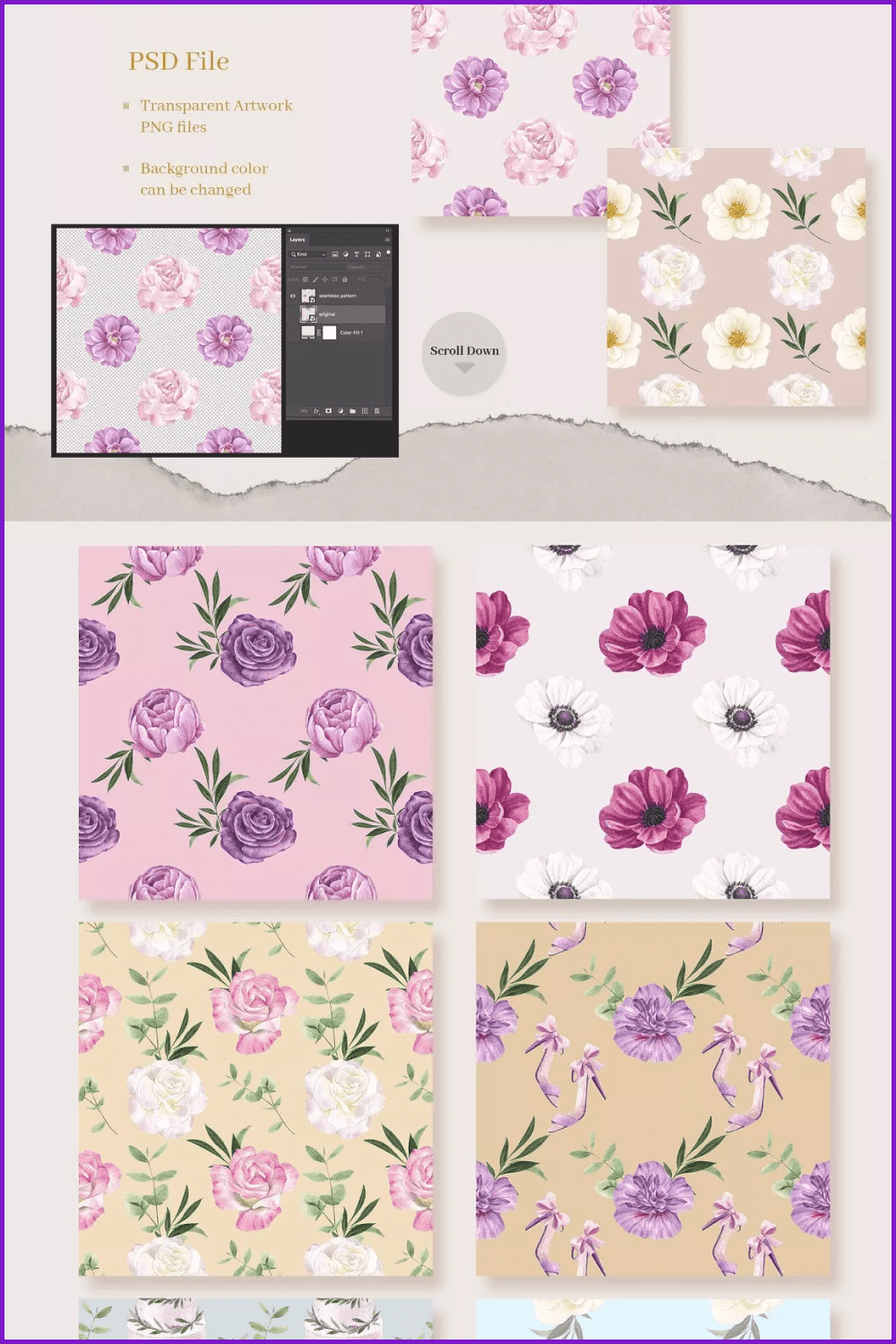 Collage of patterns with lilies of different colors.