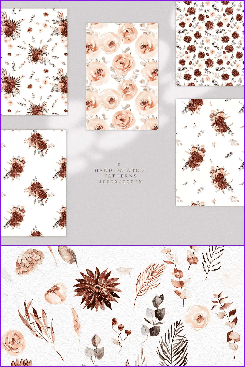 Collage of flower patterns in brown colors.