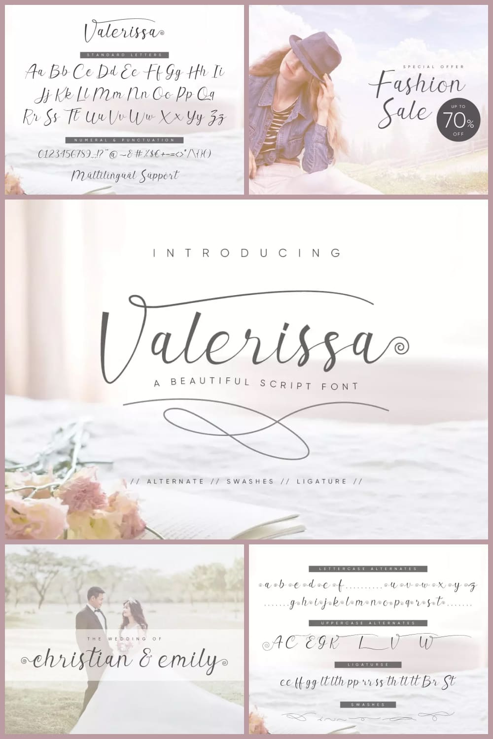 Gray text on the background of wedding photos.