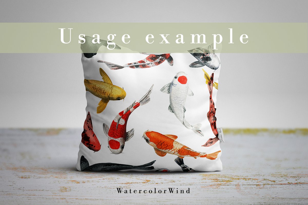 Usage example - pillow with watercolor fish elements.