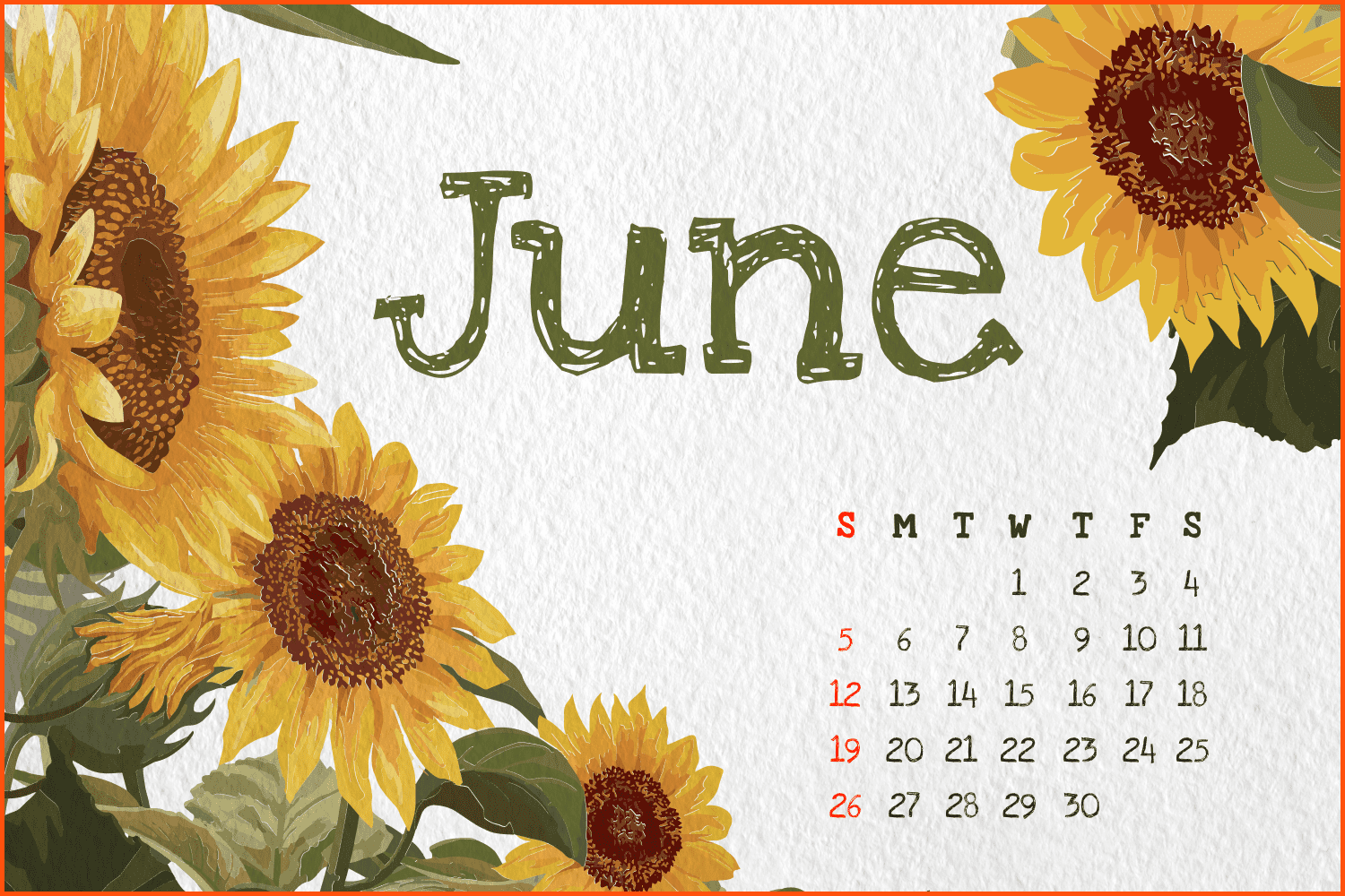 Free Watercolor Sunflower June Calendar.