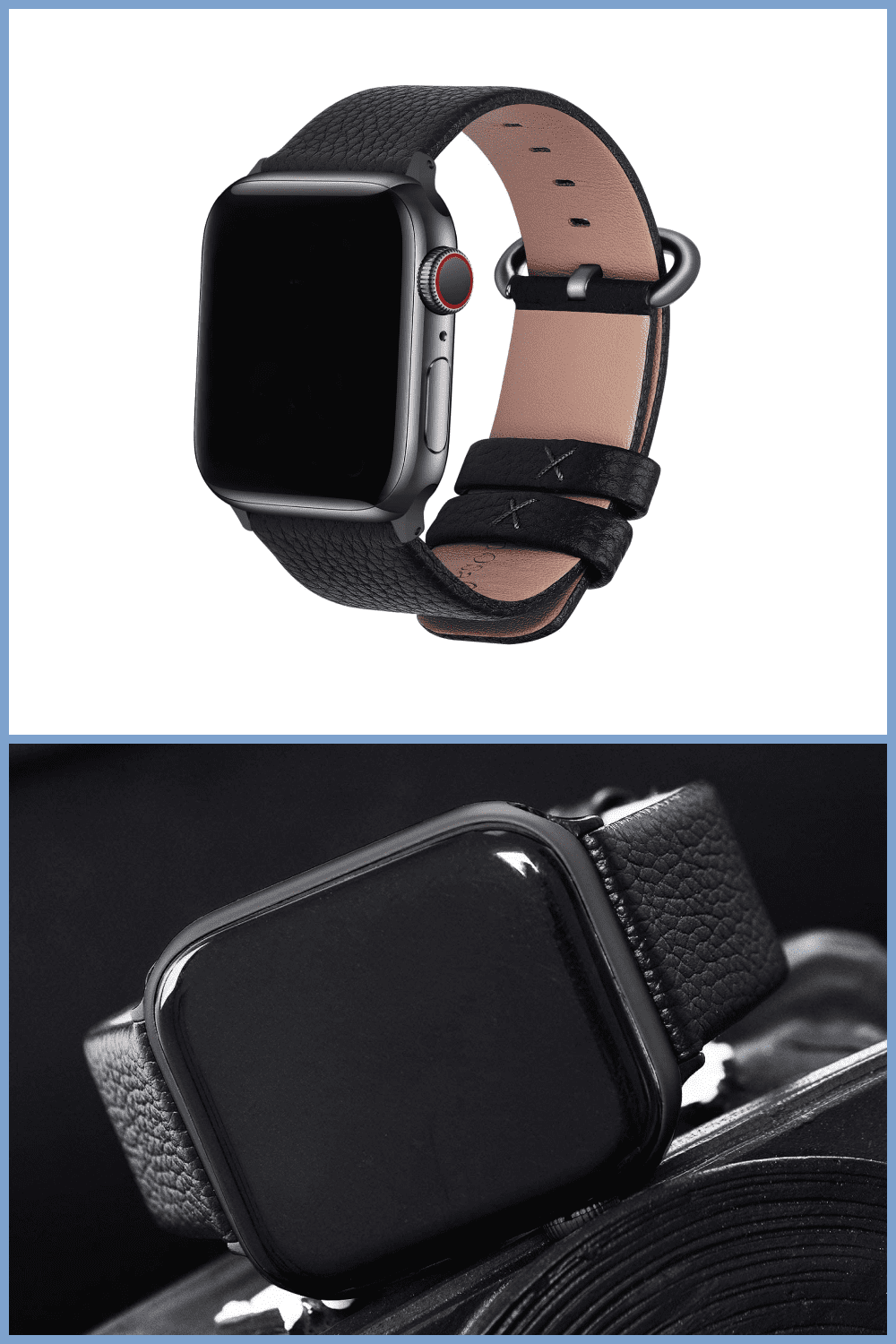 Apple Watches with black leather band.
