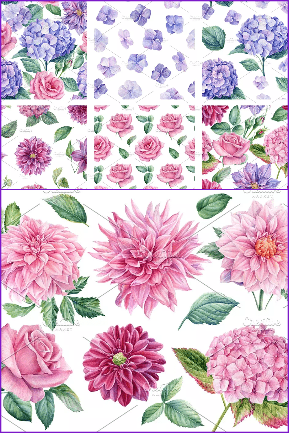 Patterns with bright lush pink and purple flowers.