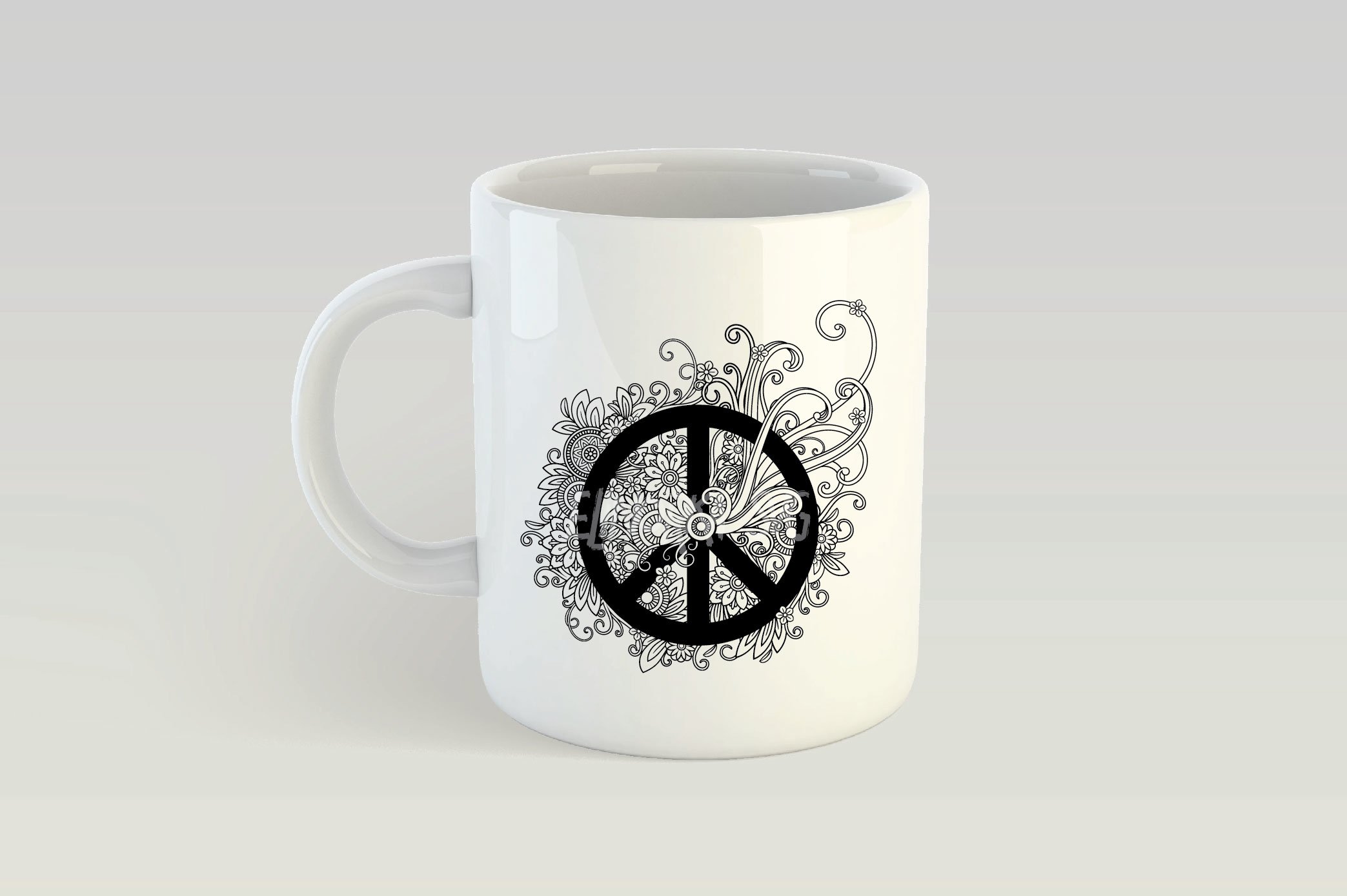 Big white cup with peace symbols.