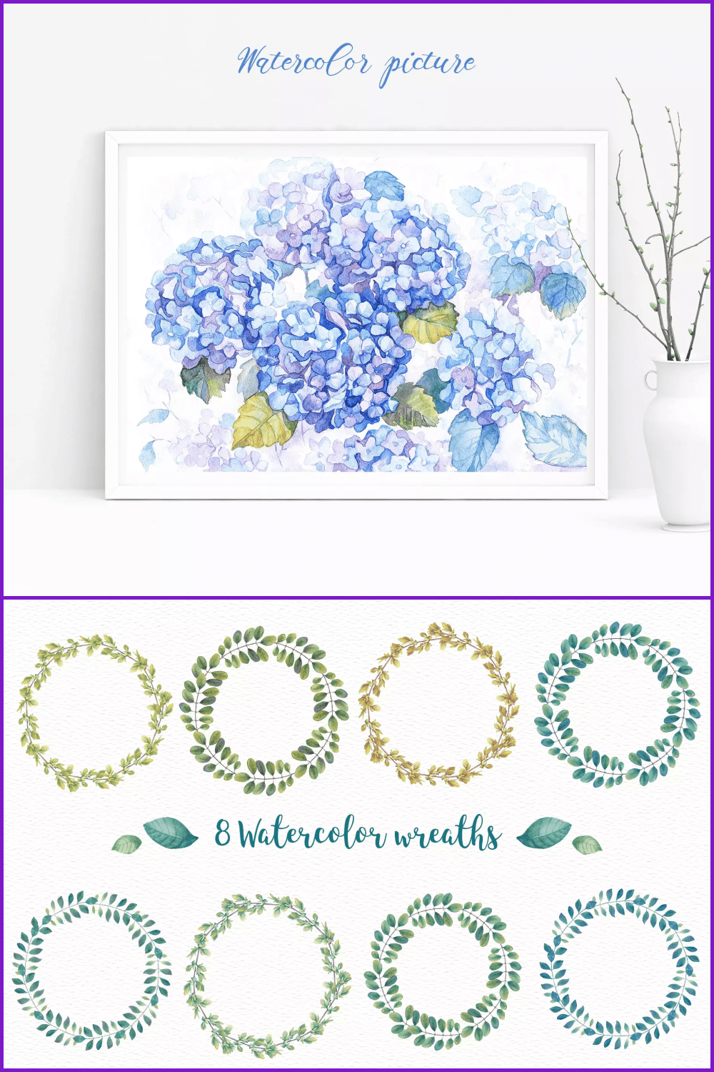 Painting with blue Hydrangea in the watercolor technique.