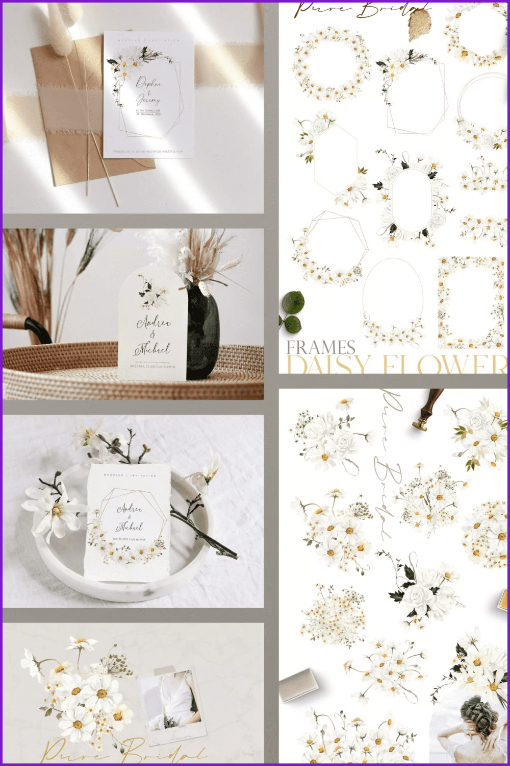 Collage of photos with daisies on cards and bouquets.