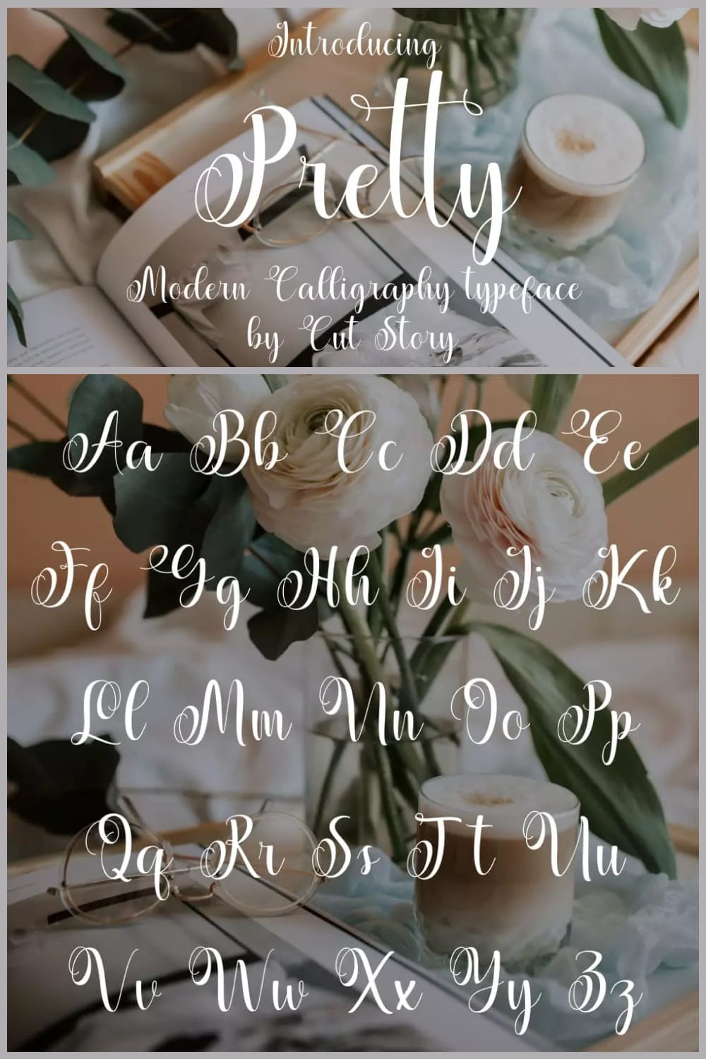 White text on the background of a bouquet of flowers.