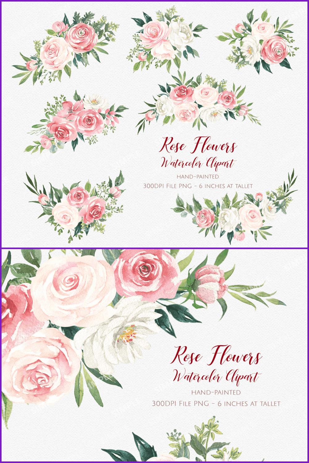 Hand-painted watercolor roses in bouquets.