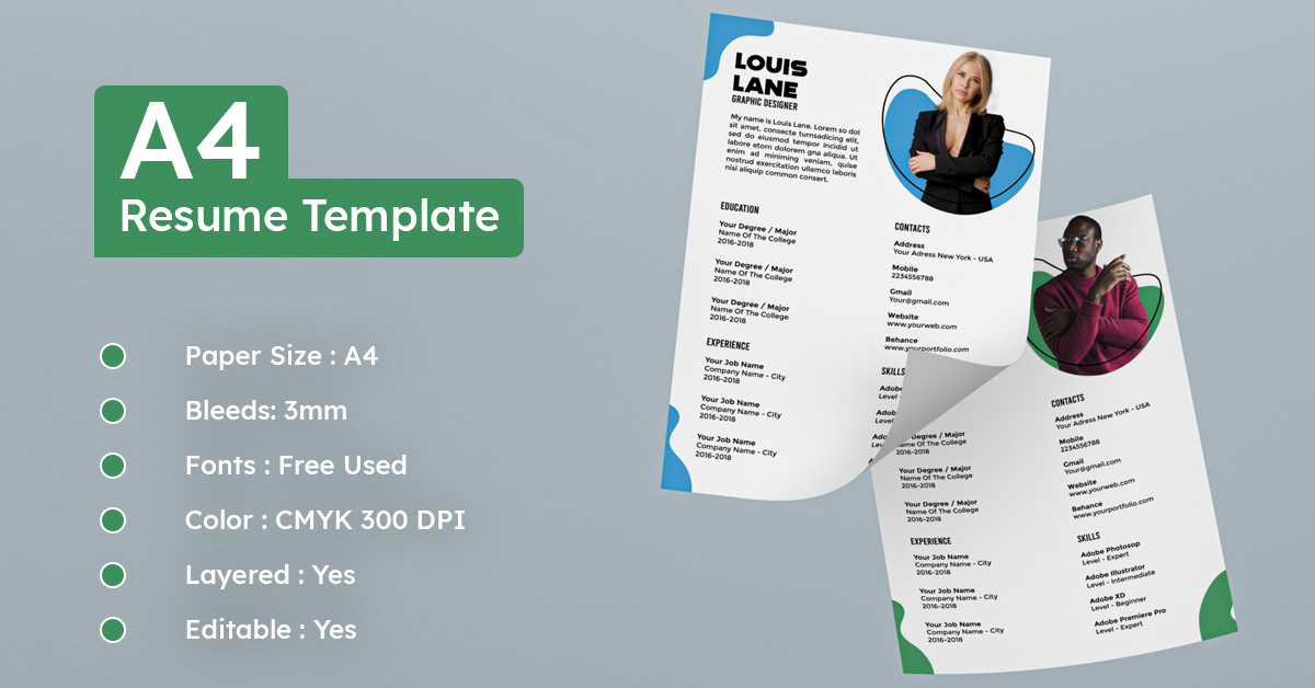 A4 resume template with a photo of a woman.