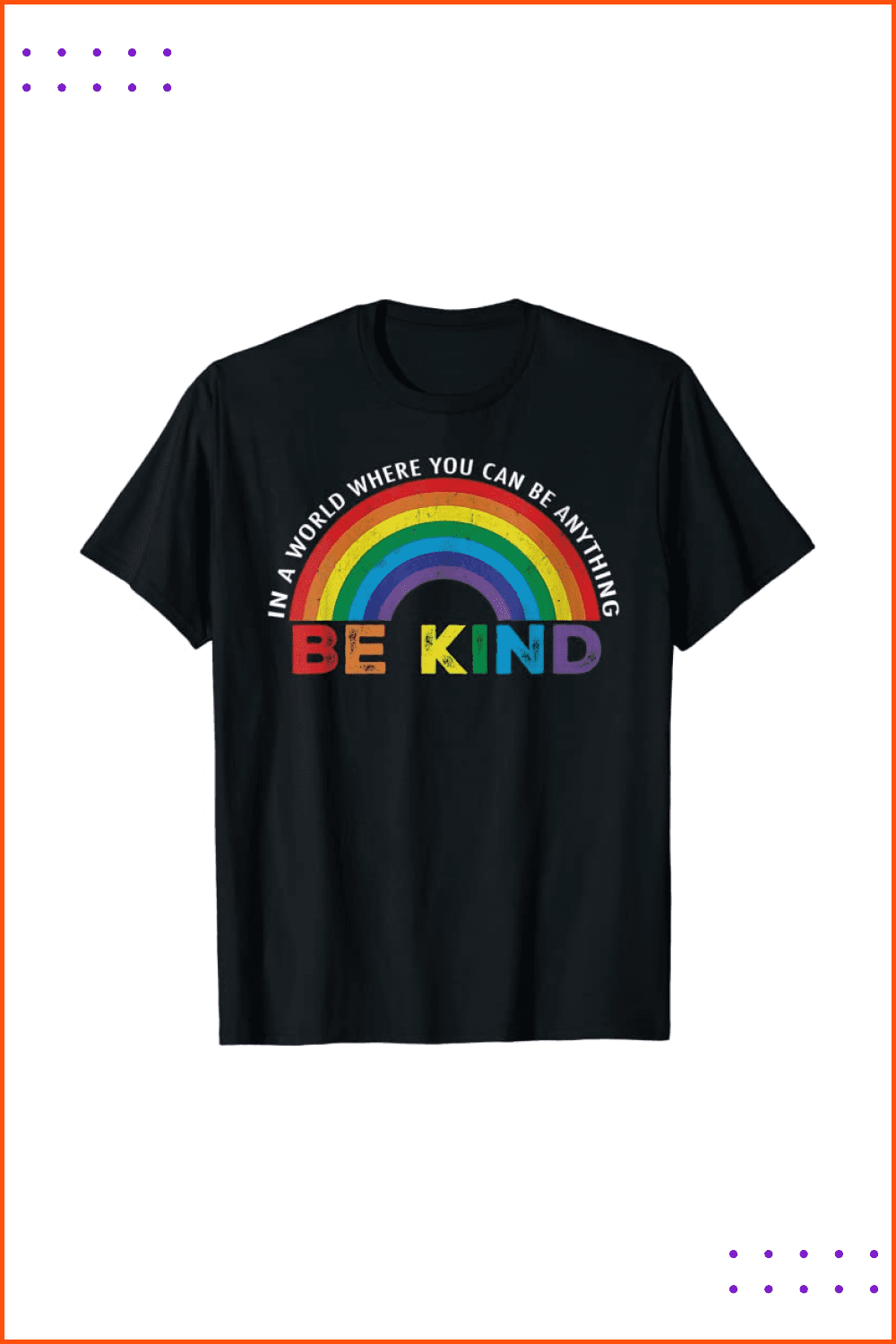 Black T-shirt with a semicircular rainbow and an inscription on it.