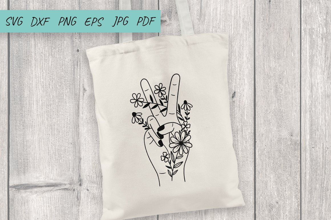 White eco bag with a black floral hand.