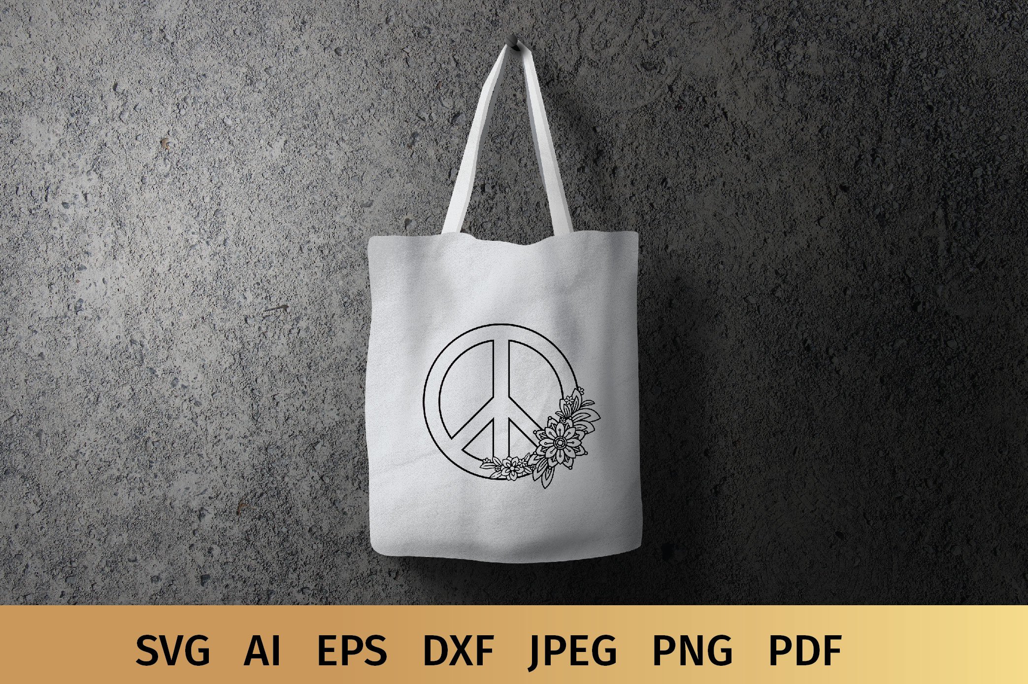 White eco bag with a transparent floral peace sign in a black border.
