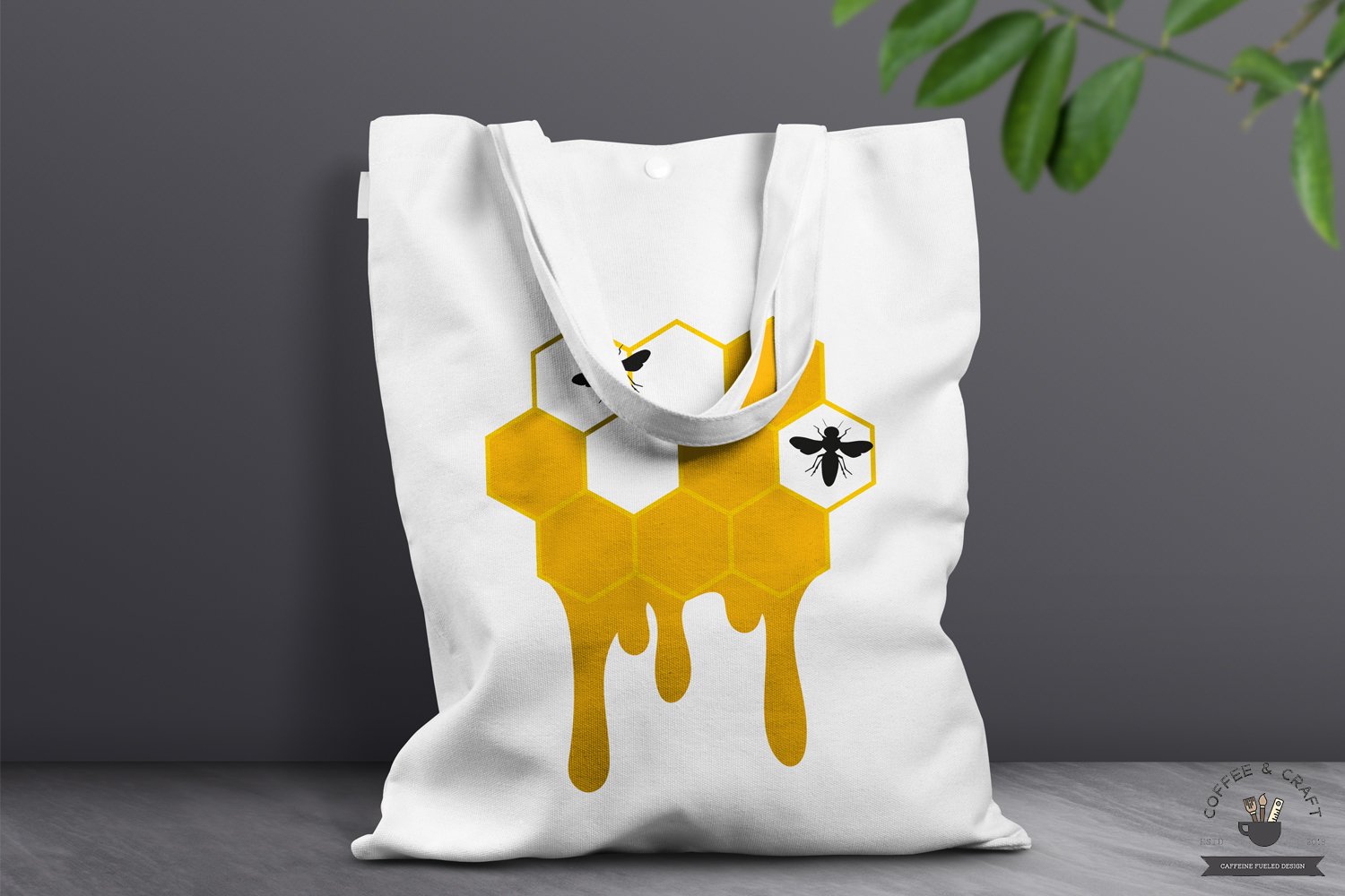 White eco bag with the modern honeycomb illustration.
