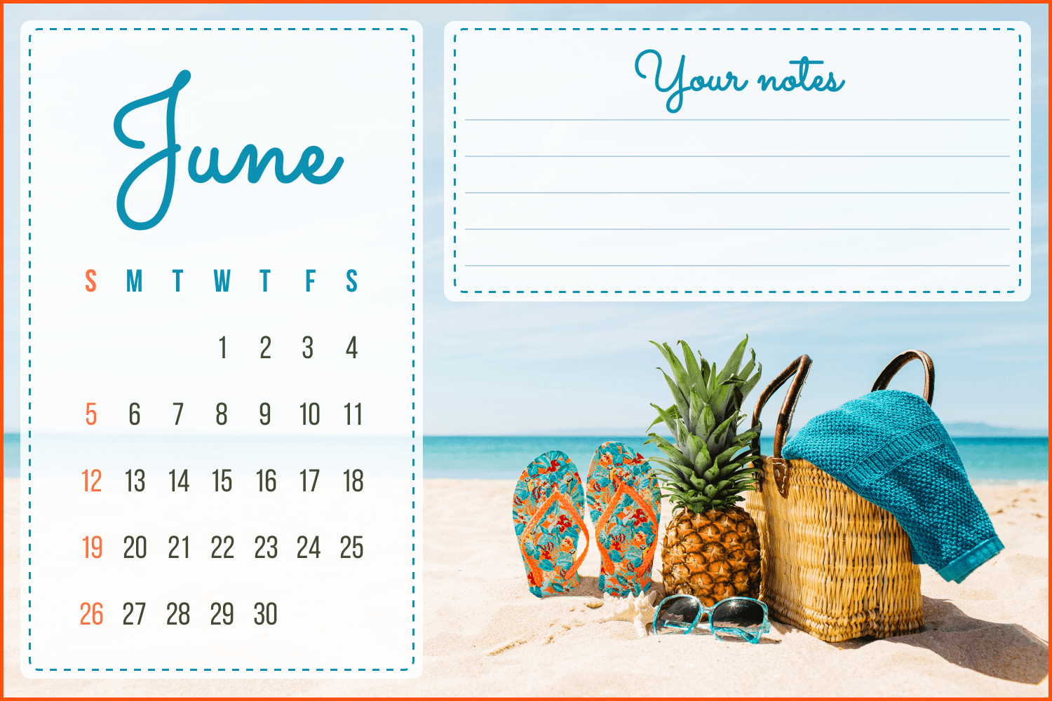 Free Beach June Editable Calendar.