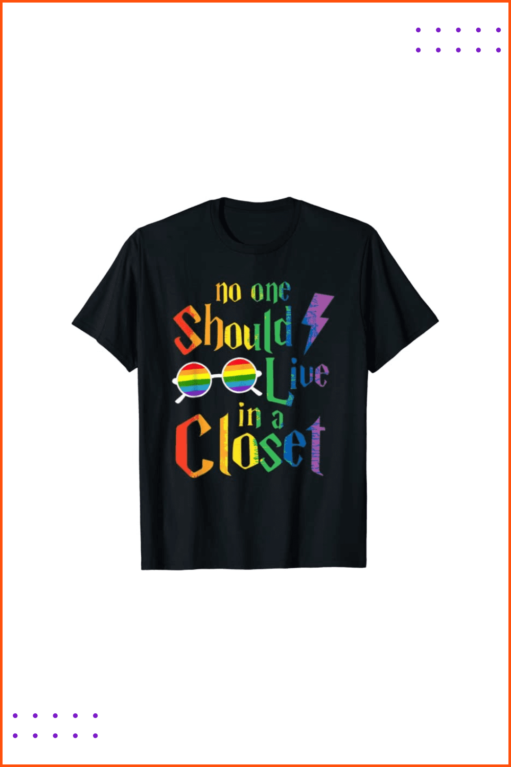 Black t-shirt with Harry Potter style text in rainbow colors.