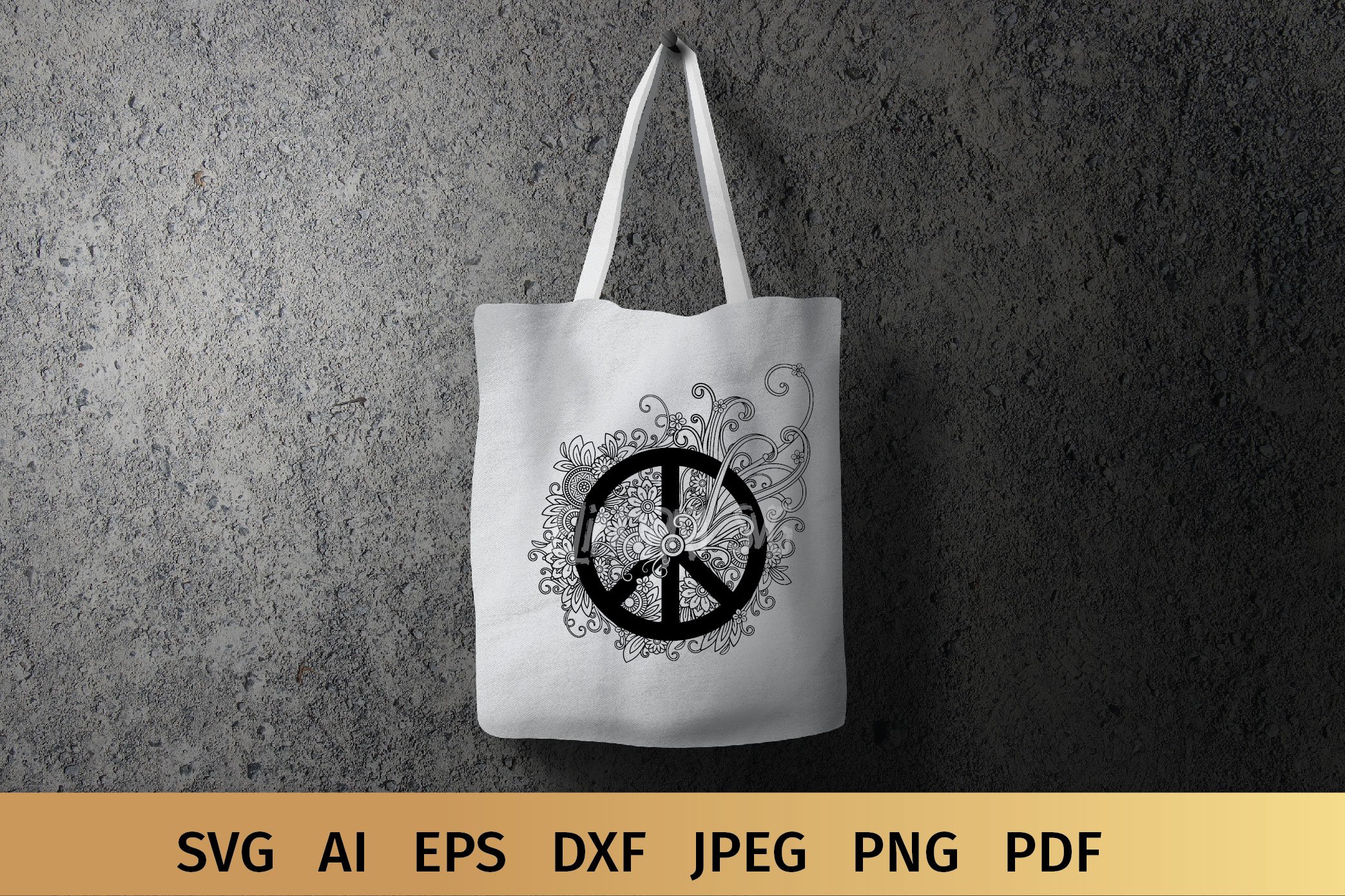 White eco bag with black peace sign.