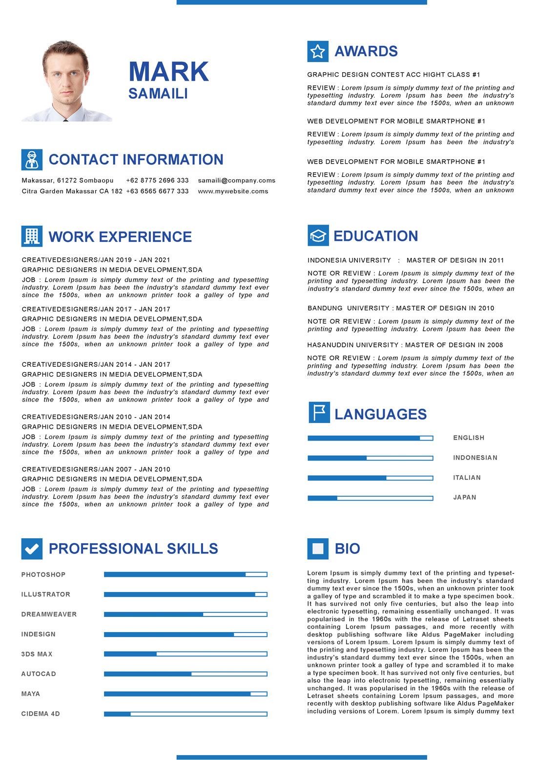 Blue and white resume for a job.