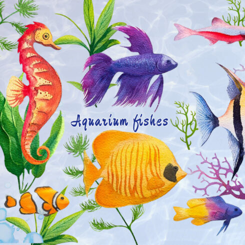Set of watercolor aquarium fishes.