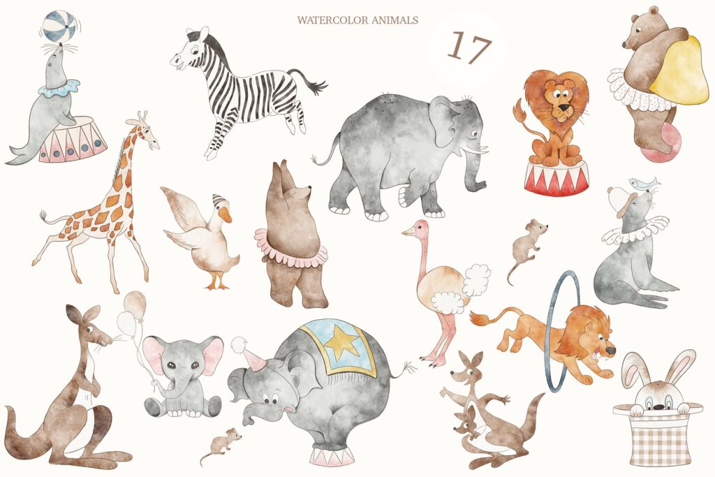 Watercolor Circus Clipart - Circus Party - Watercolor Animal Nursery ...