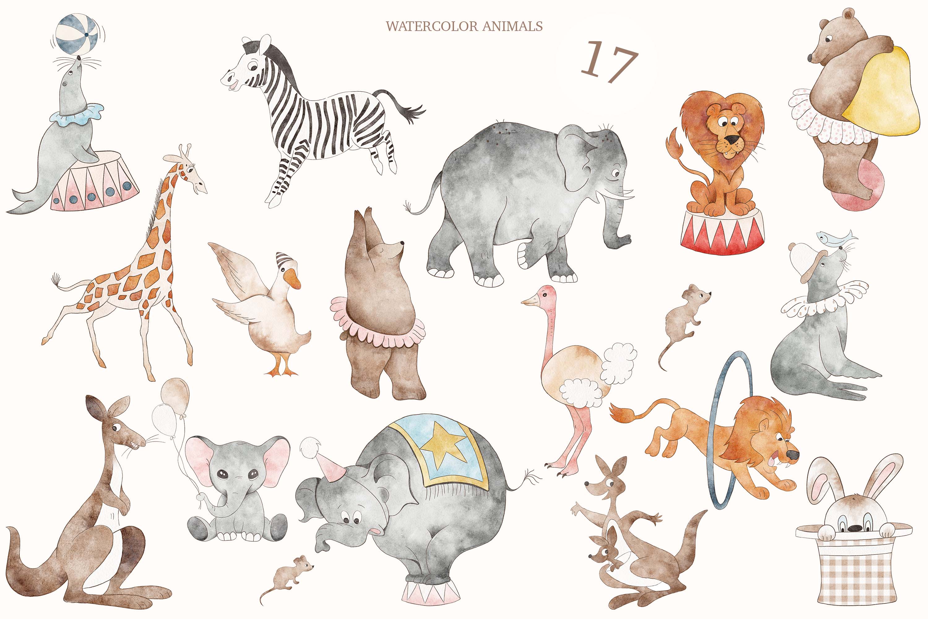 Watercolor Circus Clipart Animal Nursery Art.