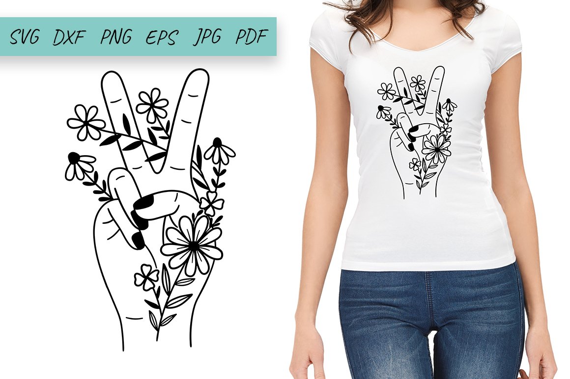 Black floral hand on a white t-shirt.
