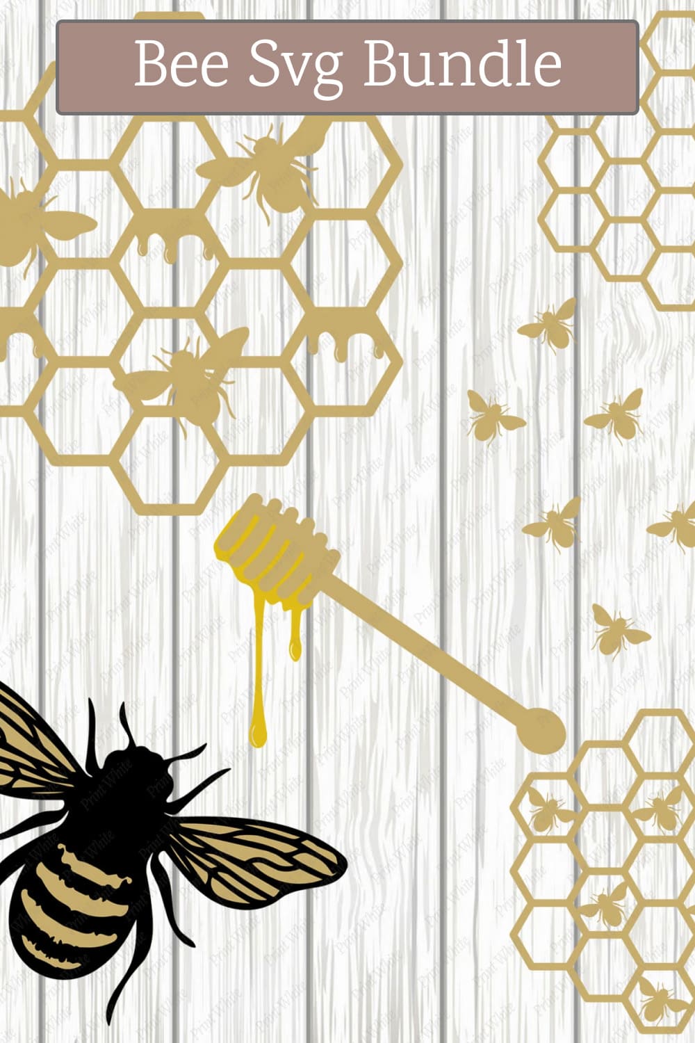 Bee with a honey comb and honey on a wooden background.