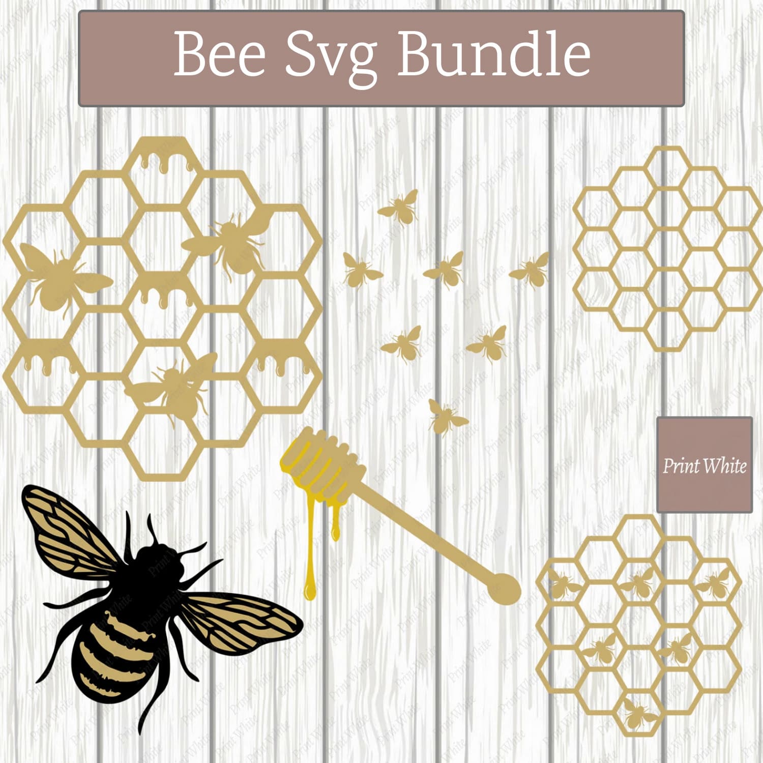 Bee svg bundle with honeycombs and bees.