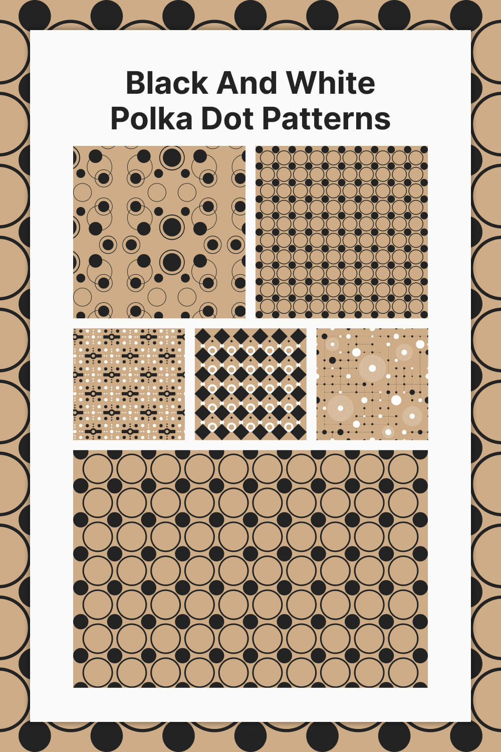 Black and white polka dot patterns on a beige background.