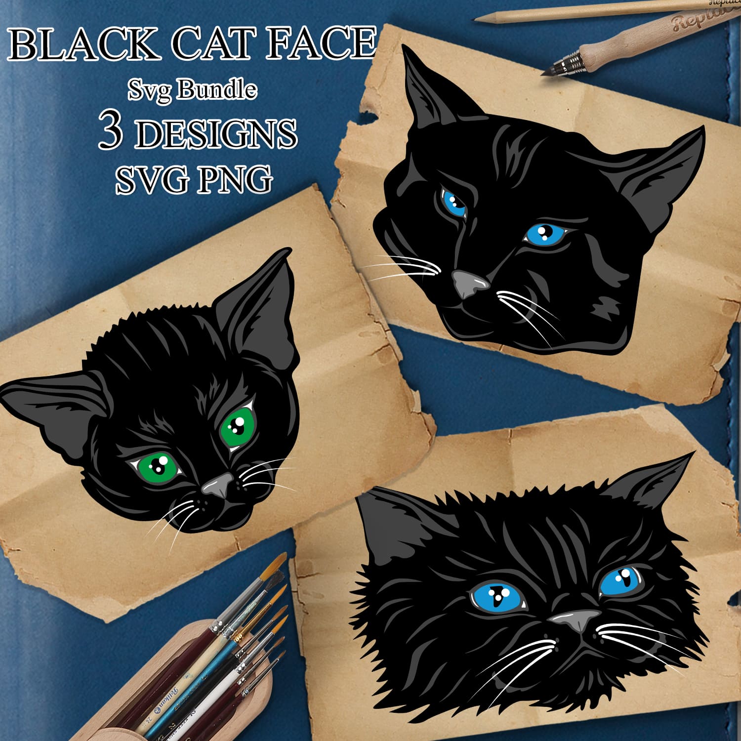 Pair of black cat face stickers on a piece of brown paper.