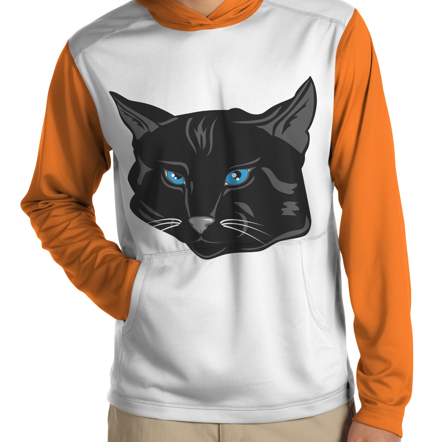 Man wearing an orange and white hoodie with a black cat on it.