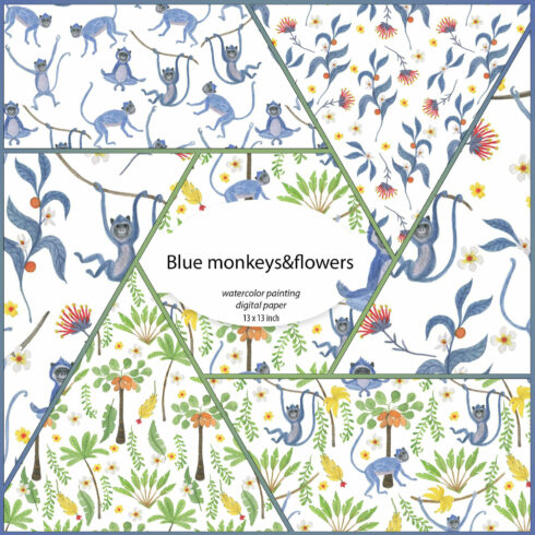 Blue monkeys - watercolor patterns.