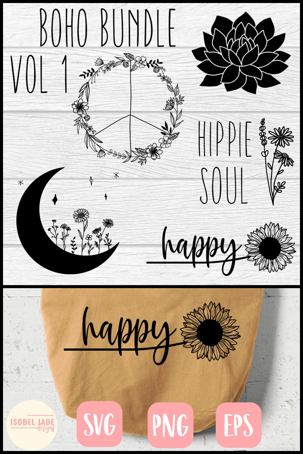 Black boho peace sign with flowers.