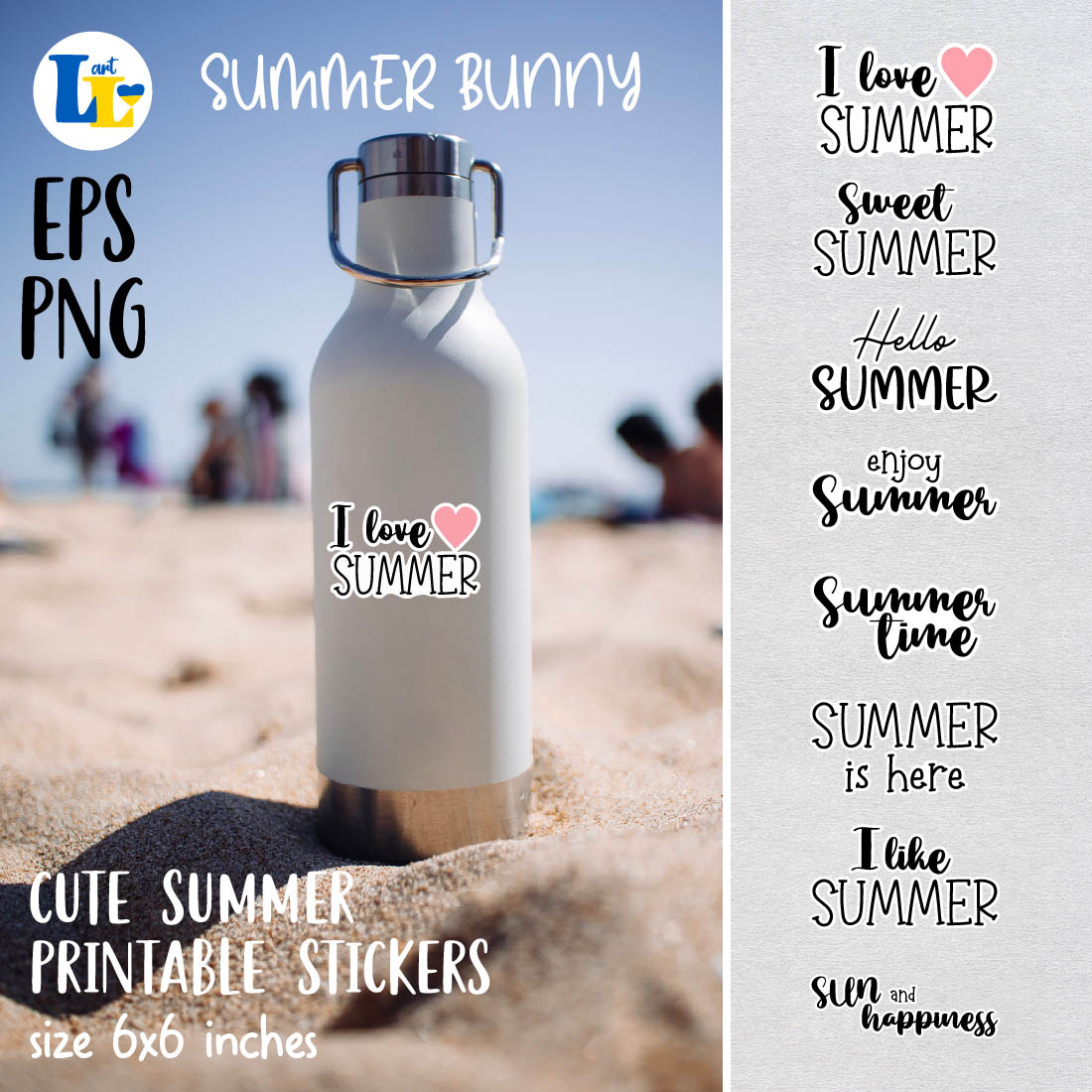 Beach Bunny And Summer Slogan Digital Summer Stickers.