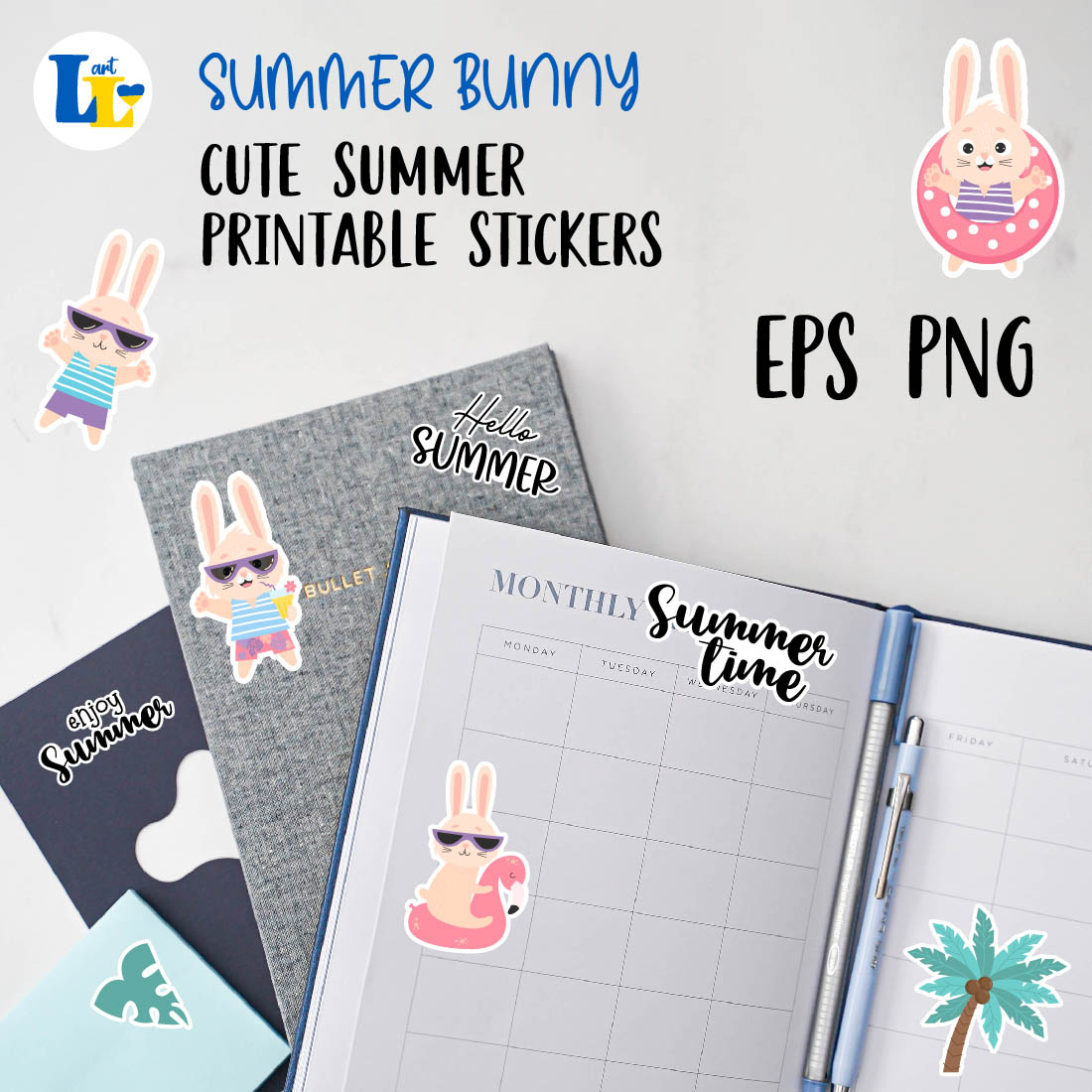 Beach Bunny And Summer Slogan Digital Summer Stickers Notebooks Example.
