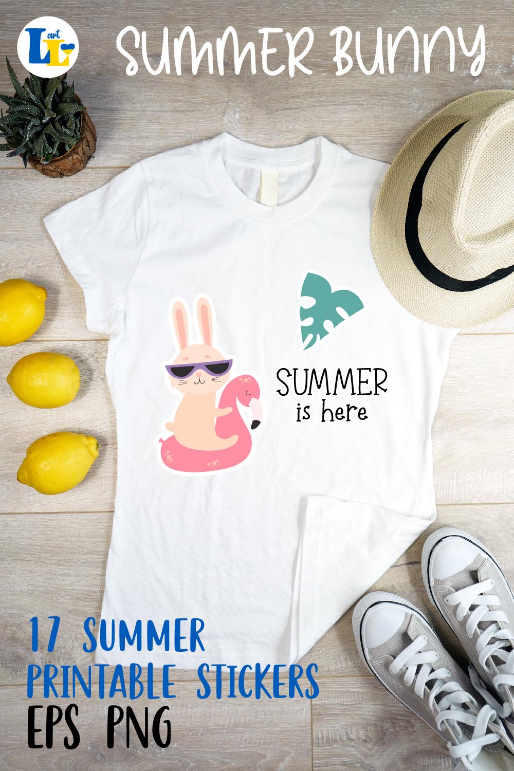 Beach Bunny And Summer Slogan Digital Summer Stickers Pinterest Image.