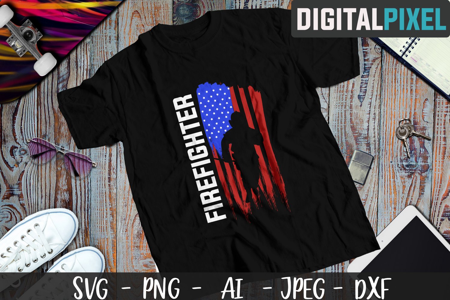 Firefighter design with American flag.