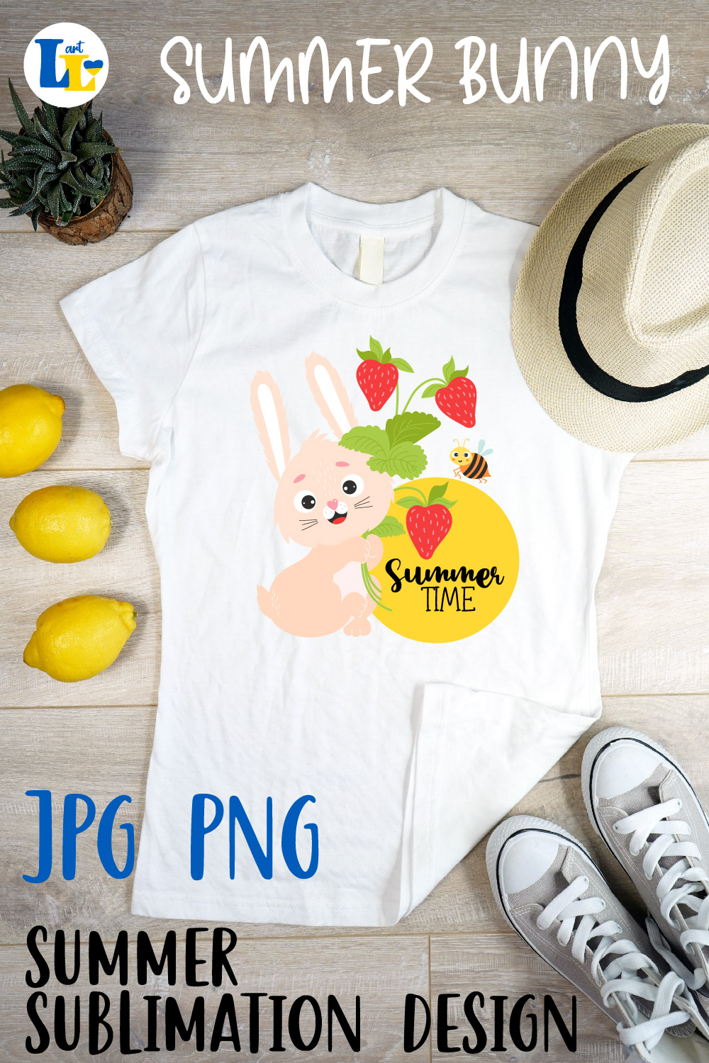 Cute Bunny With Strawberry Summer Sublimation Pinterest Image.