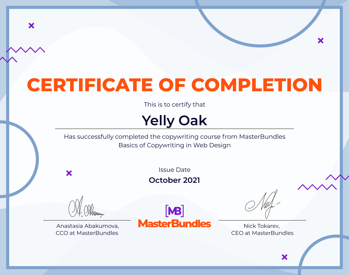Certificate of course completion of Yelly Oak