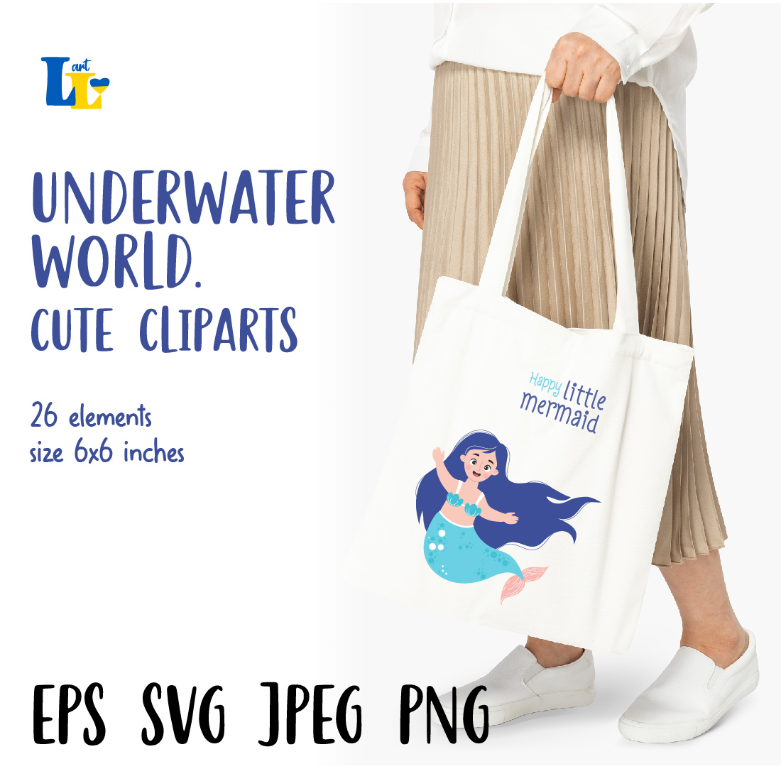Underwater World and Cute Mermaid. Digital Clipart Marine.