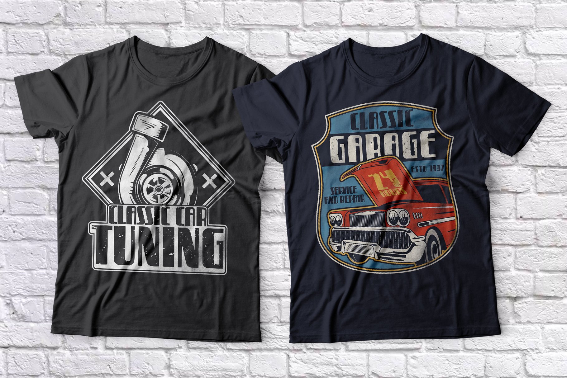 Black t-shirts with vintage cars.