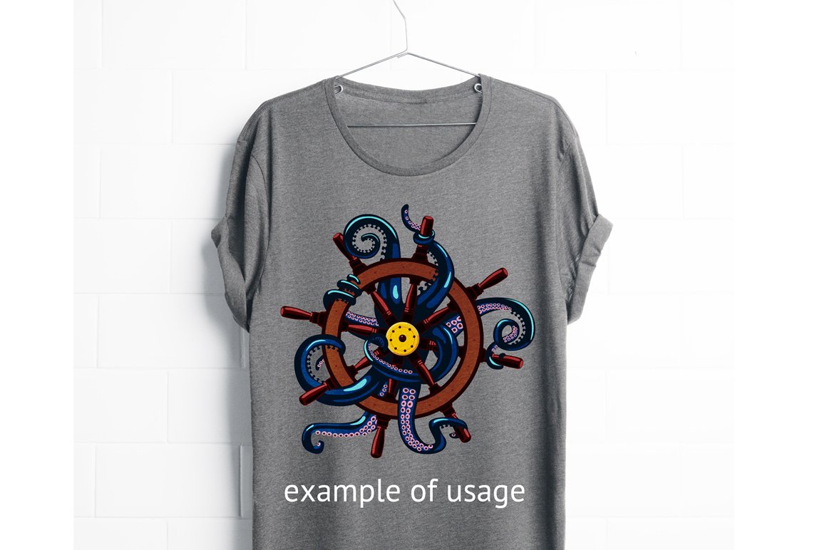Colorful octopus around the captain's rudder on a t-shirt.