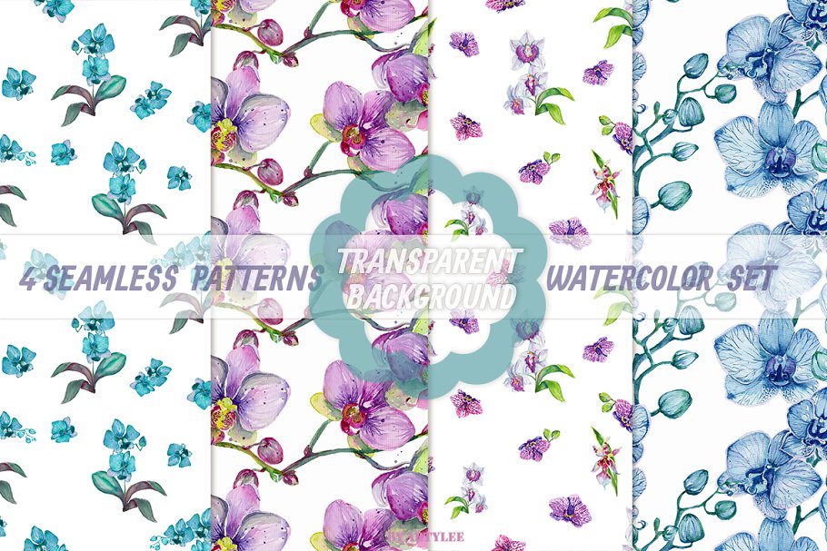 This watercolor set includes 4 seamless floral patterns.