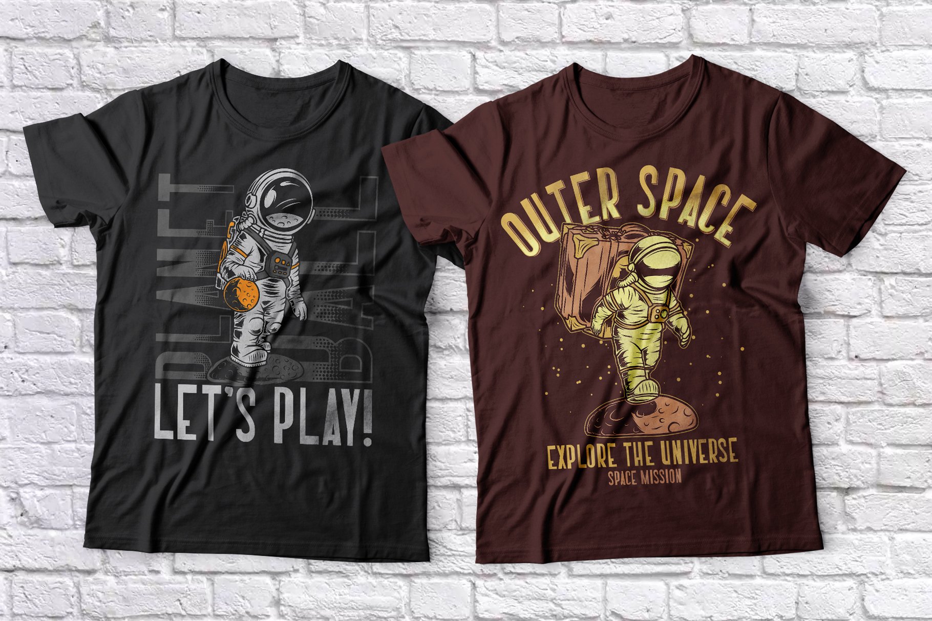 Black and brown t-shirts with astronauts.