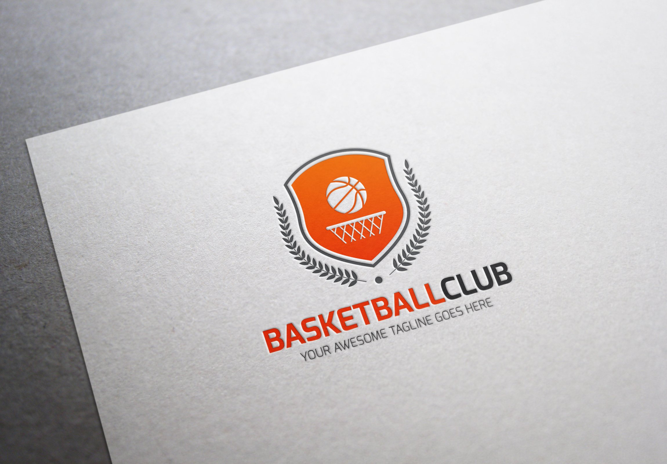 Grey paper with an orange basketball logo.