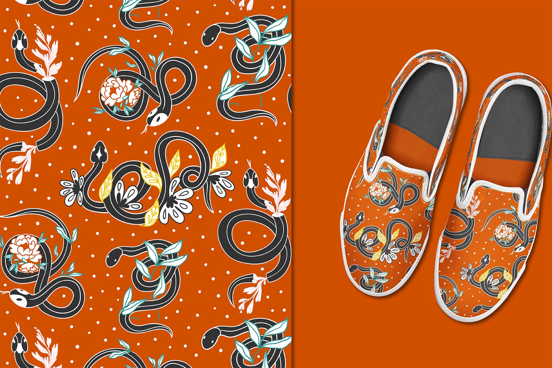 Colorful snake illustration for shoes.